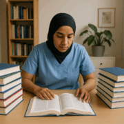 Eine Frau mit Kopftuch und in Pflegekleidung liest ein Fachbuch