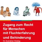 Mehrere gezeichnete Personen unterschiedlichen Alters und Herkunft sind nebeneinander dargestellt, darunter eine Person im Rollstuhl und eine Person mit einem Regenwolken-Symbol über dem Kopf, begleitet vom Logo der AWO Bundesverband e.V.