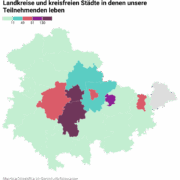 Karte von Thüringen, eingefärbt sind die Landkreise in denen unsere Teilnehmenden leben