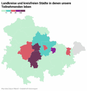 Karte von Thüringen, eingefärbt sind die Landkreise in denen unsere Teilnehmenden leben