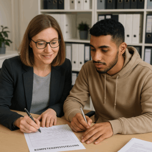 Eine Frau geht mit einem jungen migrantischem Mann den Fragebogen zur Kompetenzfeststellung durch