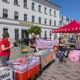Verschiedene Stände auf einem Markplatz in Schleiz, dabei sind der Flüchtlingsrat und die Omas gegen rechts